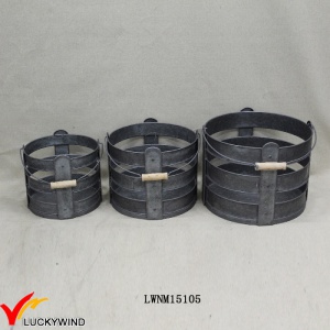 Set 3 Galvanized Zinc Round Industrial Storage Basket